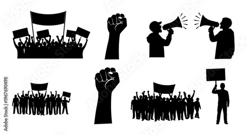 Black and White Activism Protest Crowd Silhouettes Set with Fists Megaphones and Banners Vector