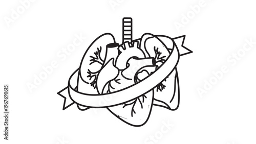 Detailed Illustration of a Human Heart with Anatomical Features and Surrounding Banner.