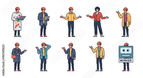 Diverse construction engineers and AI robot worker flat vector character illustration set