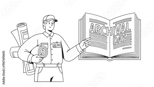 Young man with backpack reading an architectural book outdoors.