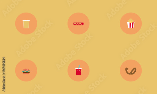 Hand-drawn minimalist sports stadium concession food icons depicting burger hotdog popcorn soda pretzel and beer for authentic illustration