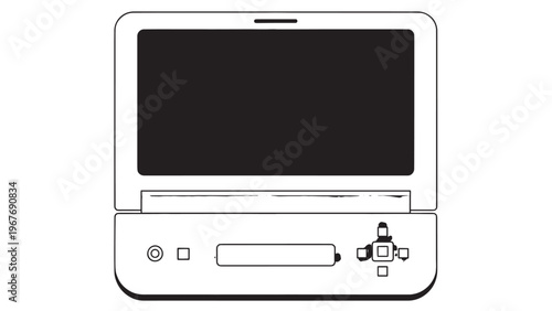 Close-up of a modern digital projector with a black screen and control buttons on a white background.