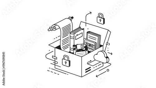Isometric Illustration of Cloud Storage and Data Security Concept.