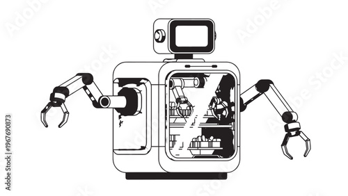 Futuristic Robot with Mechanical Arms and Digital Screen Interface.
