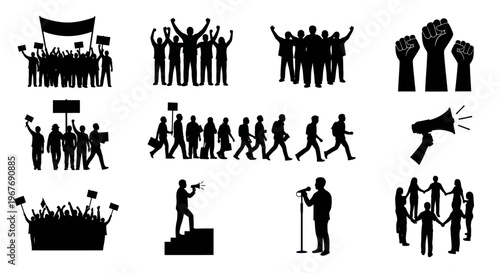 Protest and Social Activism Glyph Silhouettes: Crowd, Speaker, Megaphone, Community Icons.