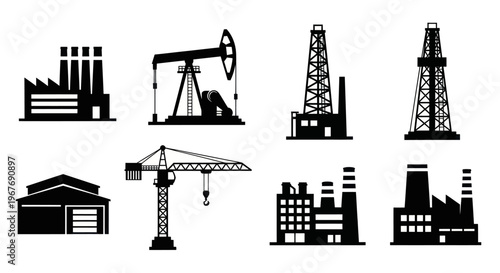 Black  White Silhouettes of Industrial Buildings and Equipment