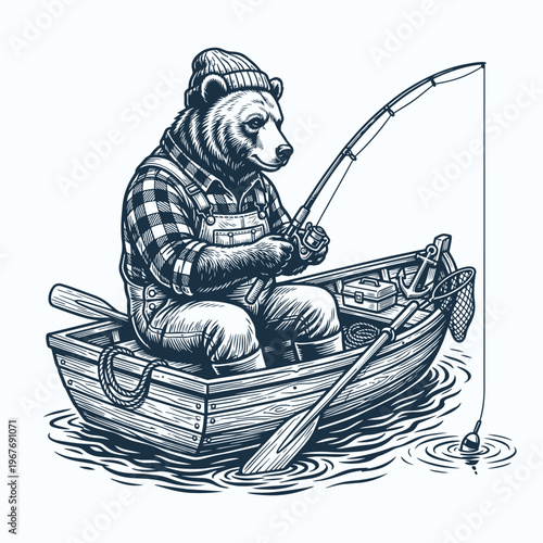 Hand Drawn Grizzly Bear Catching Fish Engraving Vector