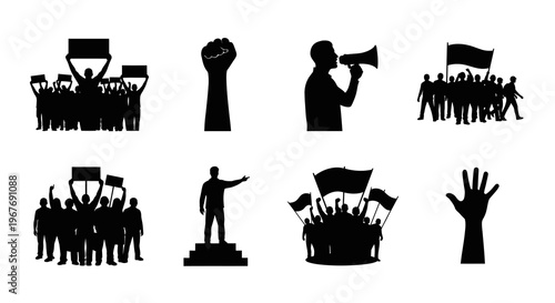 Social Activism Protest Silhouettes Set: Raised Fist, Megaphone  Demonstrators Icons