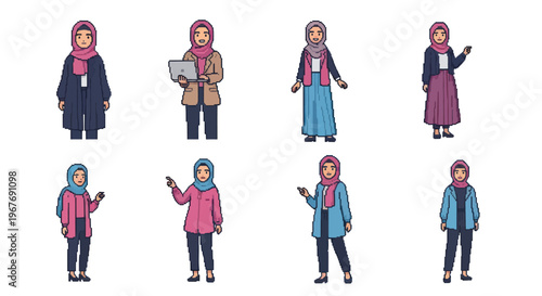 Muslim Women Icons Set, Flat Design, Technology  Business