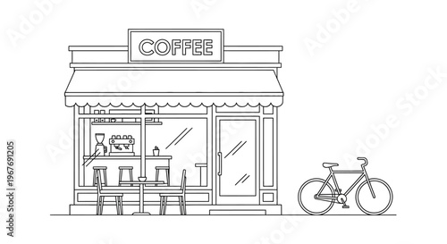 Bicycle parked outside coffee shop store.