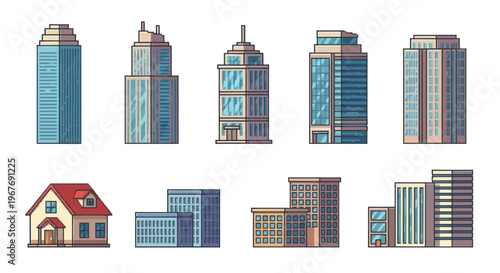 Urban Architecture and Real Estate Flat Design Buildings Set - City Skyscraper and House Vector Icons