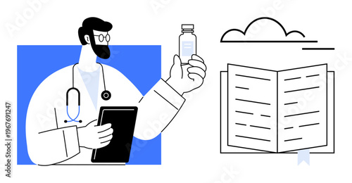 Healthcare, medical research, pharmacy, education, digital tools, medicine. A doctor holds a medicine bottle and tablet, with an open book nearby. Healthcare and medical research concept