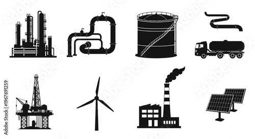 Energy Industry Icons: Oil, Gas, Power Plants, Renewable Sources - Black Glyph Vector Set