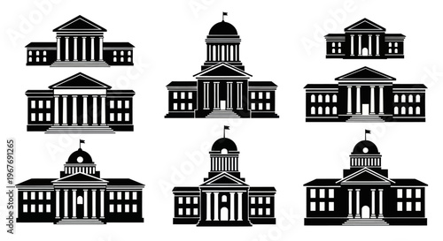 Set of Government Buildings Icons, Classic Architecture, Black  White Vector Art