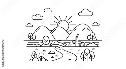 Black and white village line art.