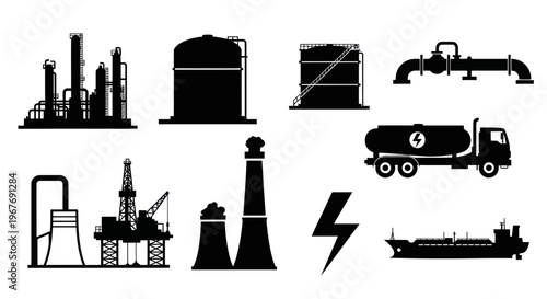 Industrial Energy Oil Gas Power Plant Black Silhouette Vector Icons Set
