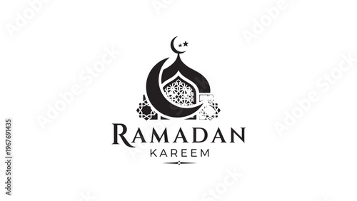 Ramadan Kareem Greeting with Mosque and Crescent Moon Illustration.