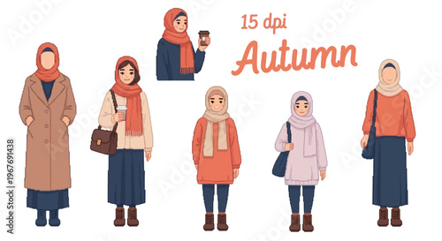 Flat illustration of diverse Muslim women in autumn fashion, hijab style
