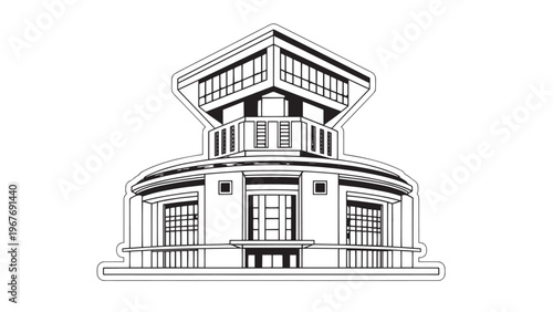 Modern multi-story building with distinctive architectural design and large windows.