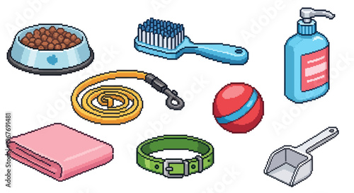 Isometric Pixel Art Pet Care and Grooming Supplies Collection