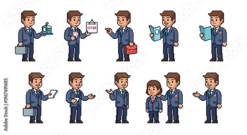 Pixel Art Business Character Set: Businessman  Businesswoman Poses for Office  Management