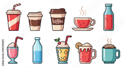Pixel Art Food  Beverage Icons: Retro 8-bit Drink Collection