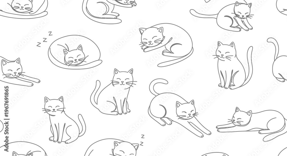 Fototapeta premium Cute Cat Drawing Seamless Pattern: Adorable Feline Poses on White Background