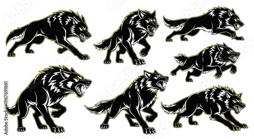 Aggressive Black  White Line Art Wolves Vector Set for Gaming, Esports, and Mascot Design