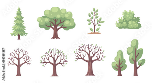 Flat illustration of various trees and bush, nature icons