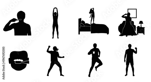 Black Silhouettes of Morning Routine and Daily Habits Vector Set for Health  Wellness