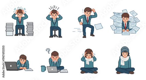 Man stressed by work, office stress, job burnout, vector art