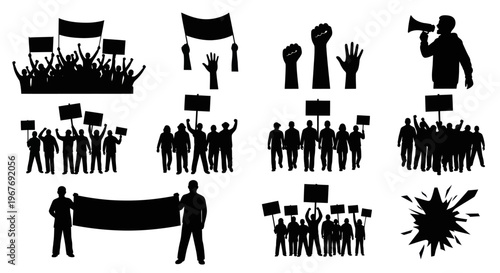 Protest and Activism Glyph Silhouettes: Demonstration Crowds, Signs  Megaphone