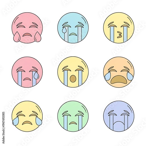 Vector Crying Emoji Faces in Various Colors and Expressions