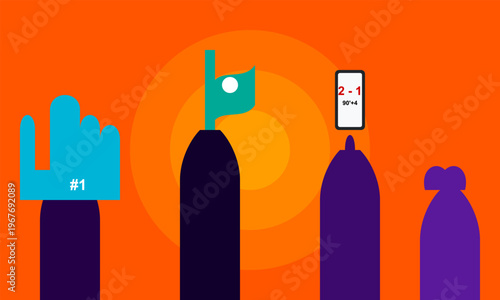 Hand-drawn minimalist diverse sports fans cheering with foam finger flag and smartphone showing match score live authentic illustration