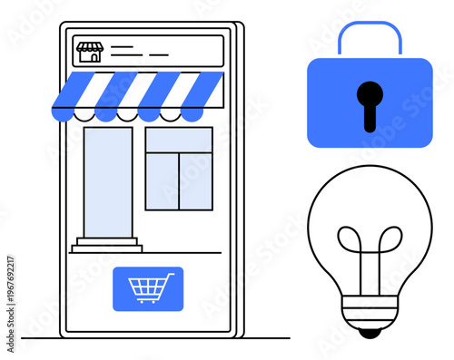 E-commerce security concept. E-commerce design includes online store, padlock for protection, and lightbulb for innovation. E-commerce ensures safe transactions and novel solutions. Use for retail