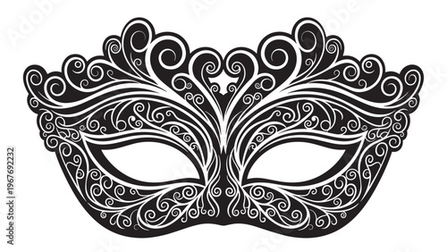 Intricate Black and White Decorative Mask with Elegant Swirls and Patterns.