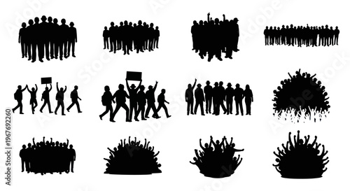 Black Silhouette Glyph Vector Set of Diverse People Groups, Crowds, and Protestors