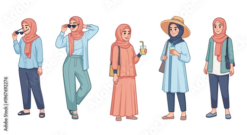 Modern Hijab Fashion Styles: Diverse Muslim Women Characters Lifestyle Flat Vector Illustration