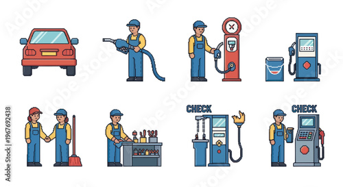 Gas Station and Car Service Flat Line Art Vector Icons
