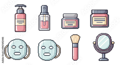 Pixel Art Skincare and Beauty Products Icon Set