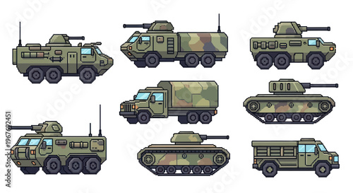 Retro Pixel Art Military Vehicles Set Army Tanks Trucks Defense Industry 2D Game Sprites