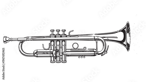 Detailed black and white illustration of a trumpet musical instrument with intricate design elements.