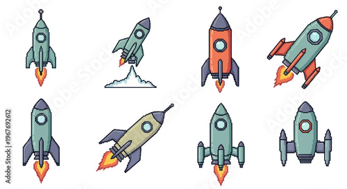 Retro 8-bit pixel art space rocket ship vector icon set for gaming and tech