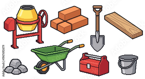 Isometric Pixel Art Construction Tools Set: Cement Mixer, Shovel, Bricks, Wheelbarrow