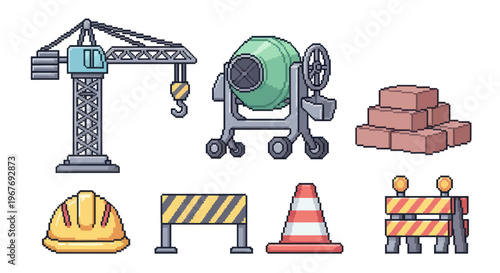 Pixel Art Construction Icons: Crane, Mixer, Bricks, Helmet, Cone, Barrier