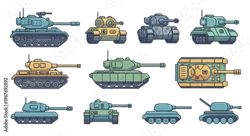 Pixel Art Tanks Vector Set - Military Vehicles Icons