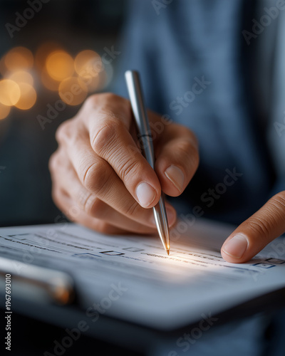 Wallpaper Mural Meticulous Review: A close-up shot captures a hand with a pen, poised over a document, as it meticulously examines and prepares to inscribe the relevant details. Torontodigital.ca