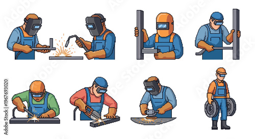 Industrial Welders and Metalworking Workers Cartoon Vector Set. Manufacturing and Construction Industry