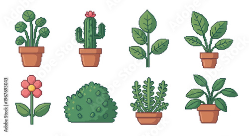 Pixel Art Indoor Plants Set: Cute Potted Flowers, Cacti, and Greenery