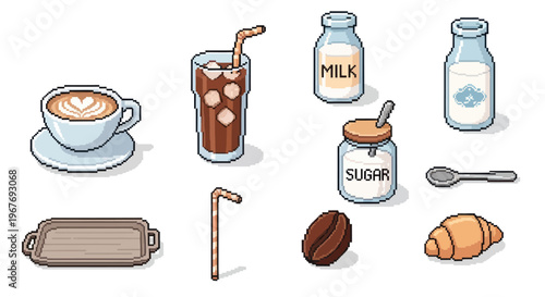 Pixel Art Cafe Food  Drink Elements: Coffee, Milk, Sugar, Croissant Icons Set